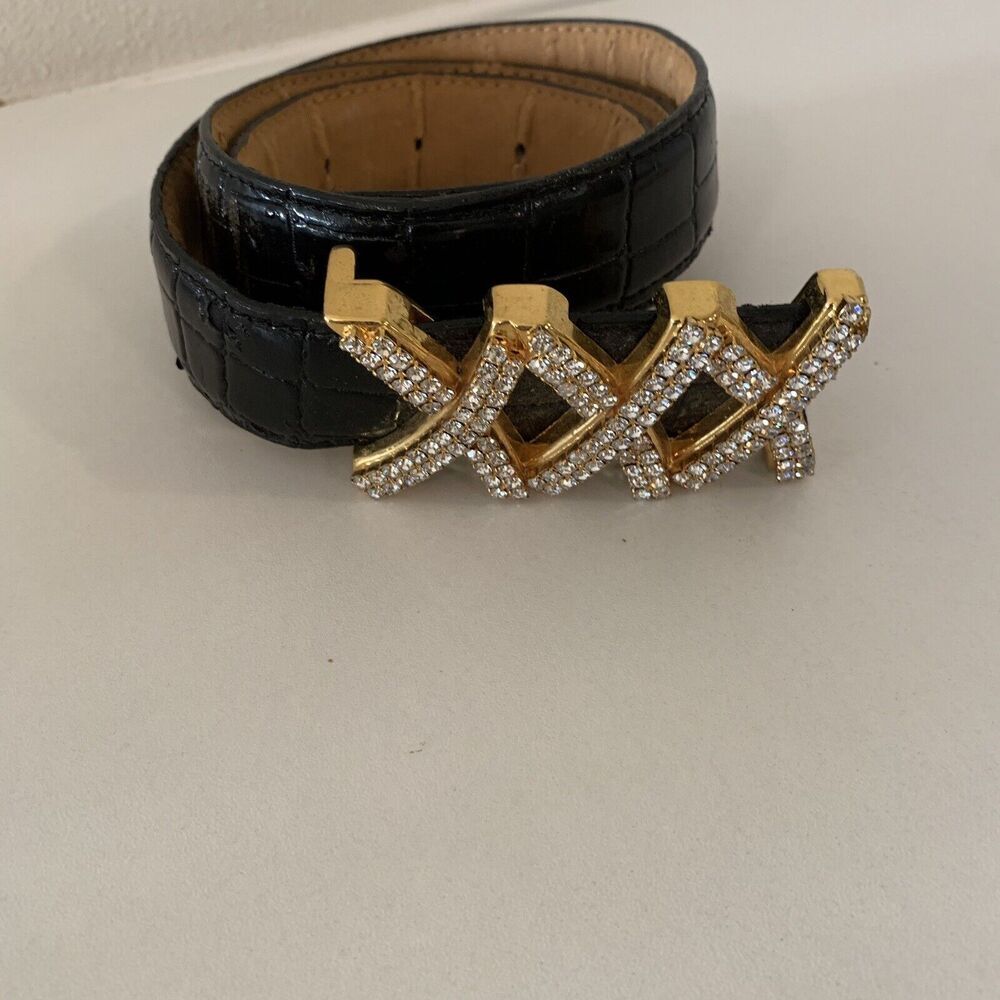 Rhinestone Buckle Belt Womens Size 32" Long Faux Alligator Black Retro Glam